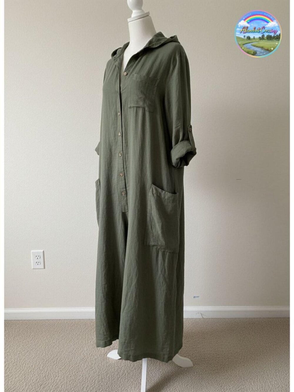Linen Blend Button Down Wide Leg Jumpsuit Long Sleeve Palazzo One Piece